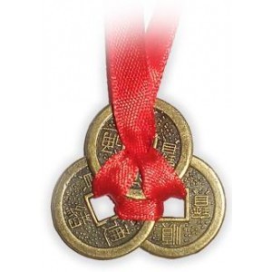 3 Brass Coins knotted with Red Ribbon